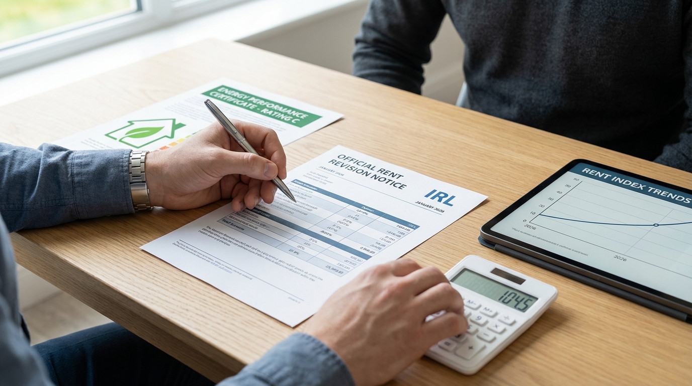 Anonymous hands analyze a rent revision notice, calculator, and rent index trends on a tablet, with an energy performance certificate visible.